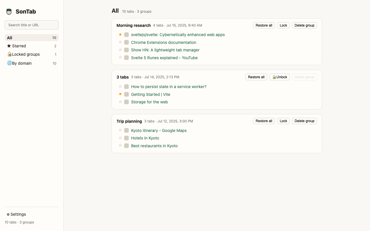 SonTab catalog view: saved tab groups sorted by time, with search and filters