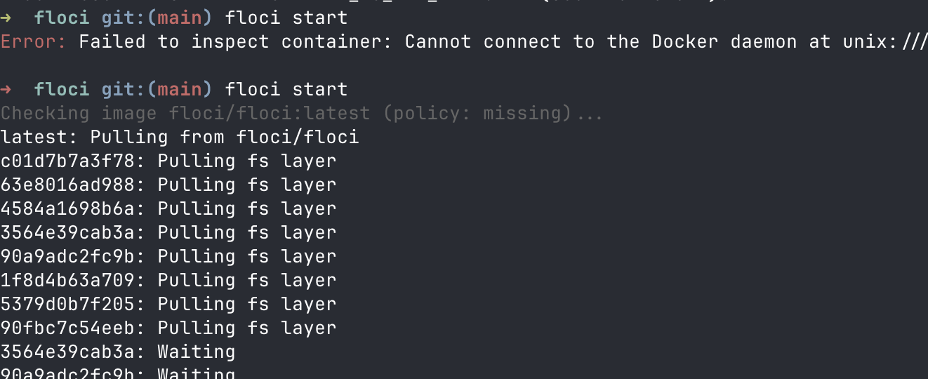 A real session bringing Floci up with docker compose up and checking it via the AWS CLI
