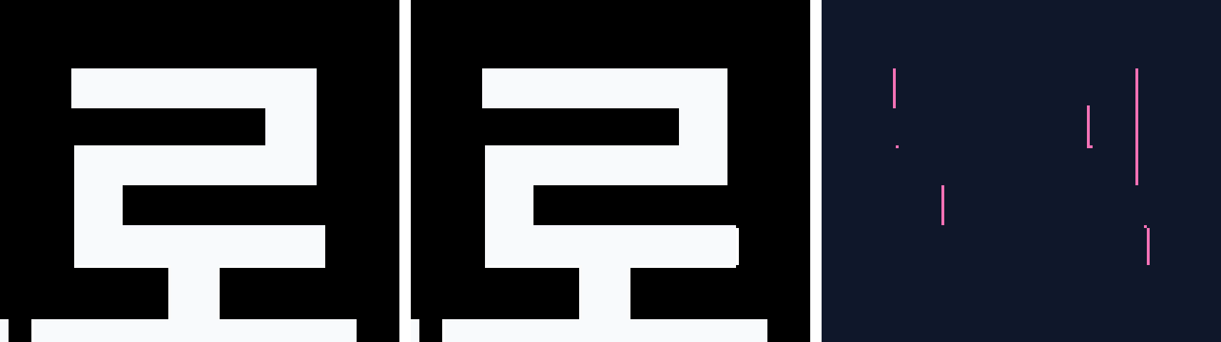 The glyph '로' captured with one worker (left) and four (middle); differing pixels on the right